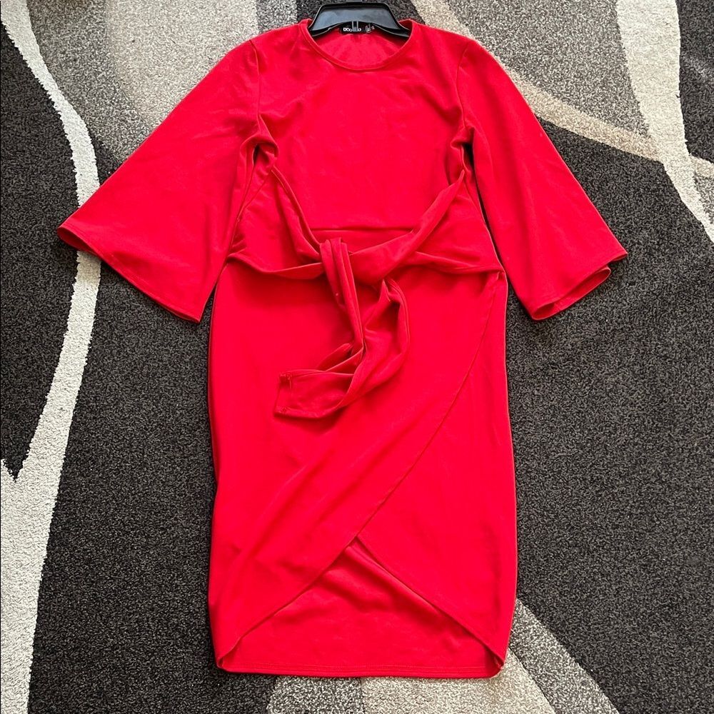 Boohoo Red Wrap Midi Dress | Tie Waist Wide Sleeve | Size 12